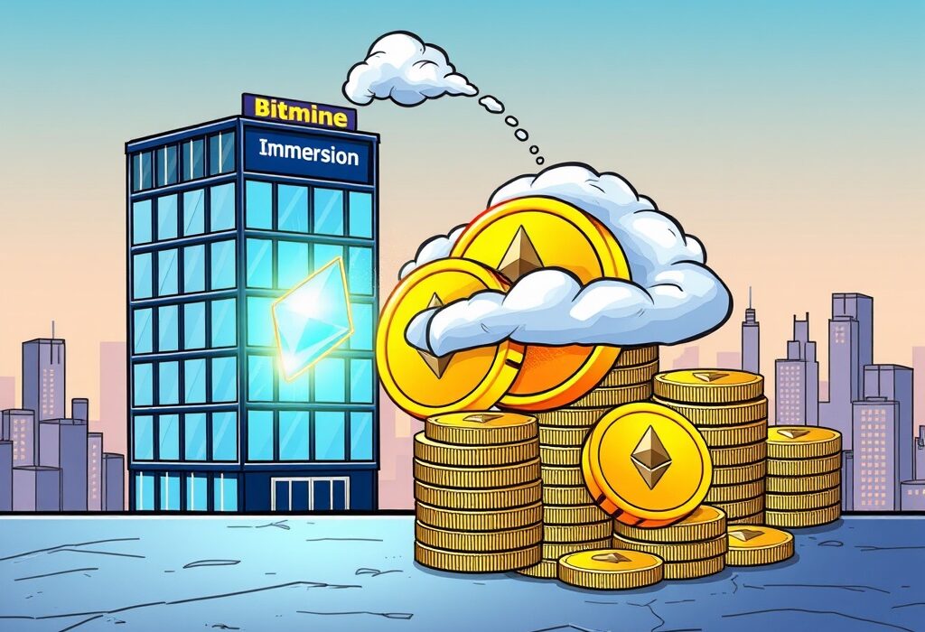 Cartoon showing Bitmine Immersion acquiring a large amount of Ethereum, highlighting the strategic Bitmine Immersion ETH investment.