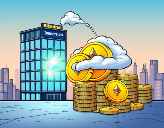 Cartoon showing Bitmine Immersion acquiring a large amount of Ethereum, highlighting the strategic Bitmine Immersion ETH investment.