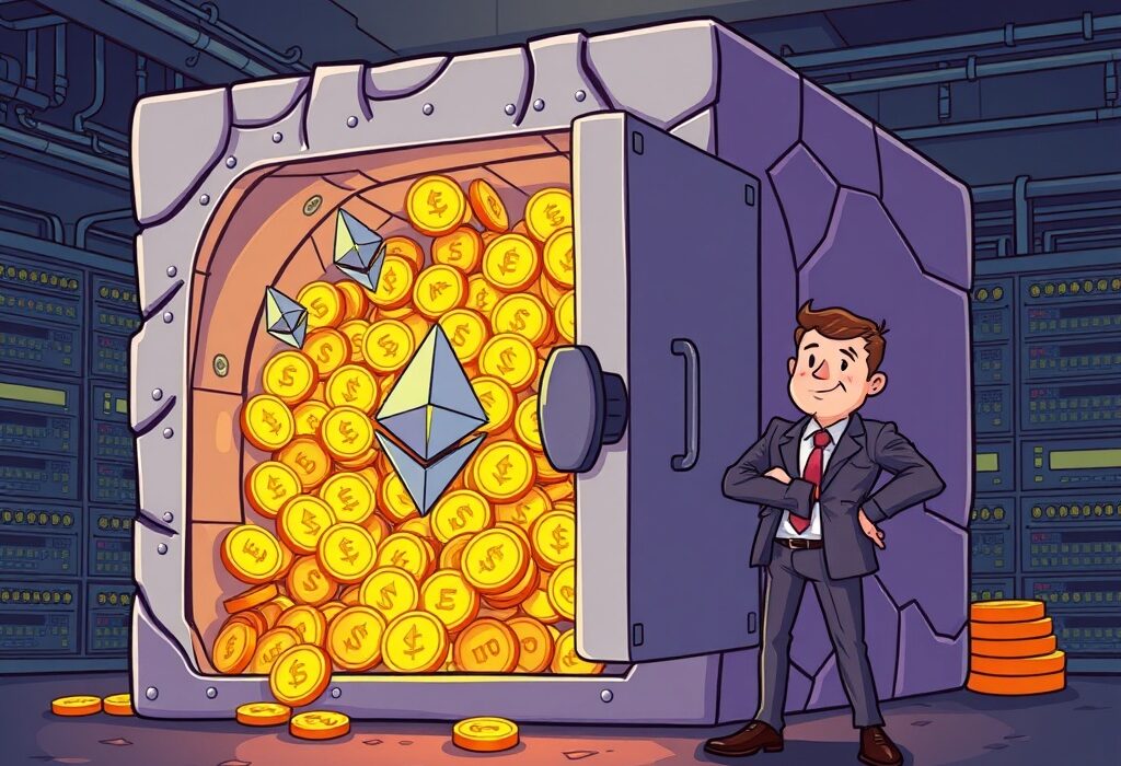 Cartoon illustration of BitMine Immersion's massive Ethereum treasury, highlighting their dominant ETH holdings.