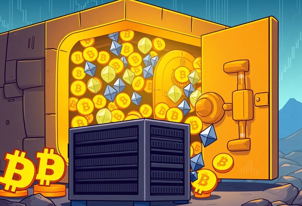 Cartoon illustration showing a large Bitmine Immersion Ethereum treasury, symbolizing a strategic shift from Bitcoin mining to holding ETH.