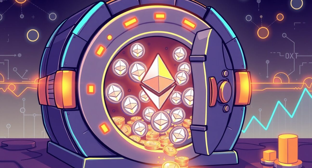 A cartoon illustration of a massive Ethereum transaction flowing into a Bitmine-linked digital vault.
