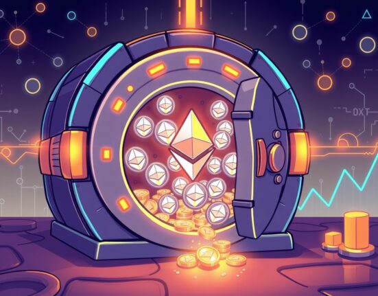 A cartoon illustration of a massive Ethereum transaction flowing into a Bitmine-linked digital vault.