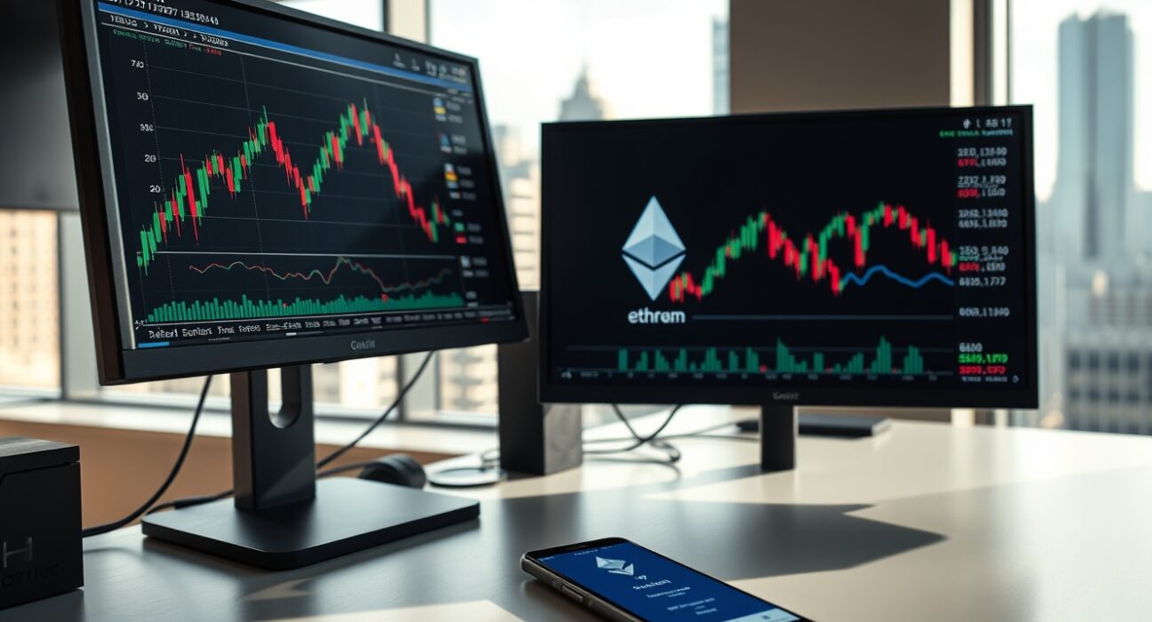 Ethereum price charts on trading monitors at a professional trading desk