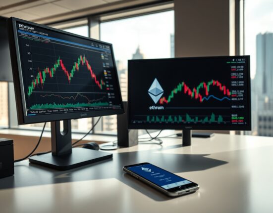 Ethereum price charts on trading monitors at a professional trading desk