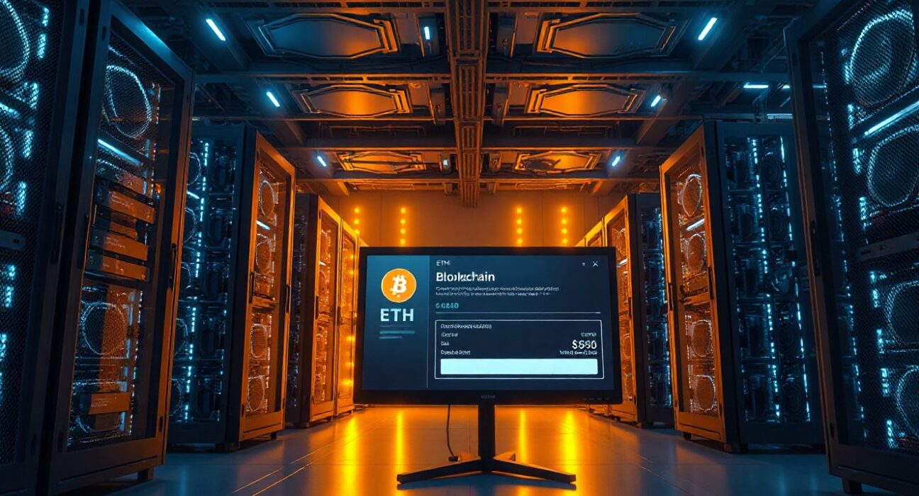 Interior of a cryptocurrency mining facility with server racks and a monitor showing a large ETH transaction.