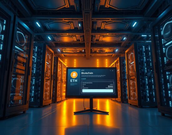 Interior of a cryptocurrency mining facility with server racks and a monitor showing a large ETH transaction.