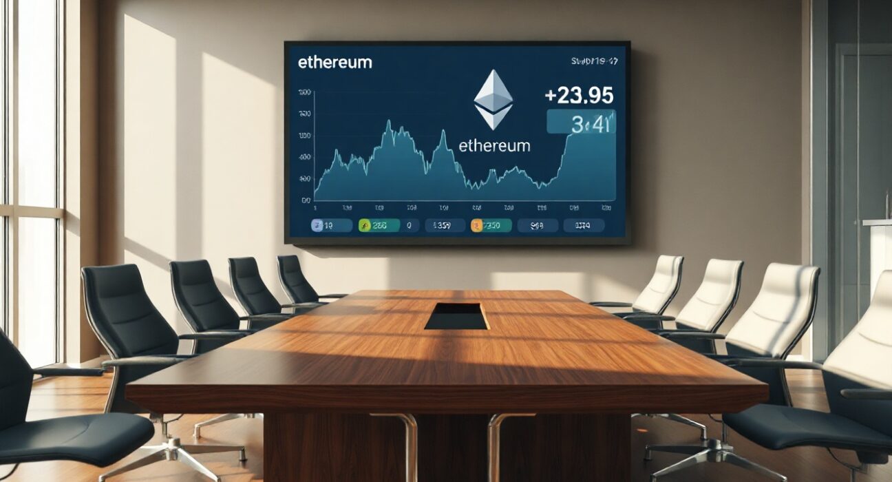 A modern corporate boardroom with a digital display showing Ethereum market data.