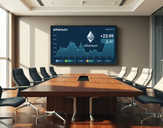 A modern corporate boardroom with a digital display showing Ethereum market data.