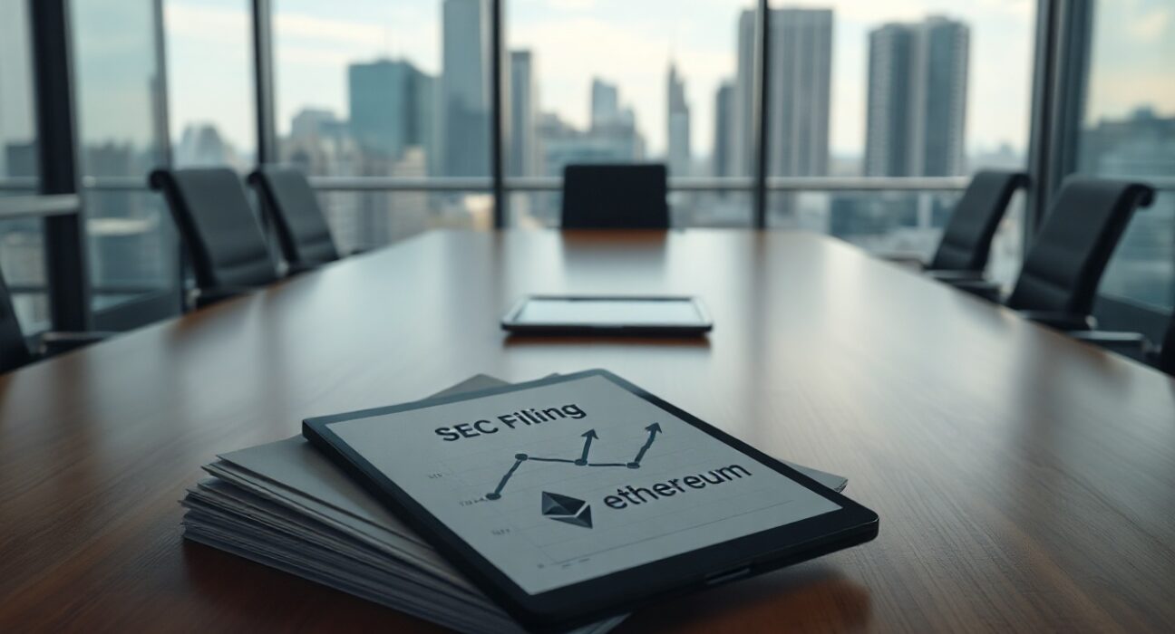 Bitmine SEC filing documents and Ethereum stock chart on a tablet in a modern boardroom