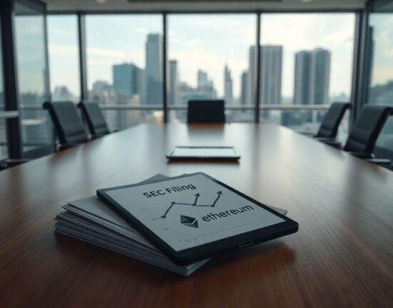 Bitmine SEC filing documents and Ethereum stock chart on a tablet in a modern boardroom