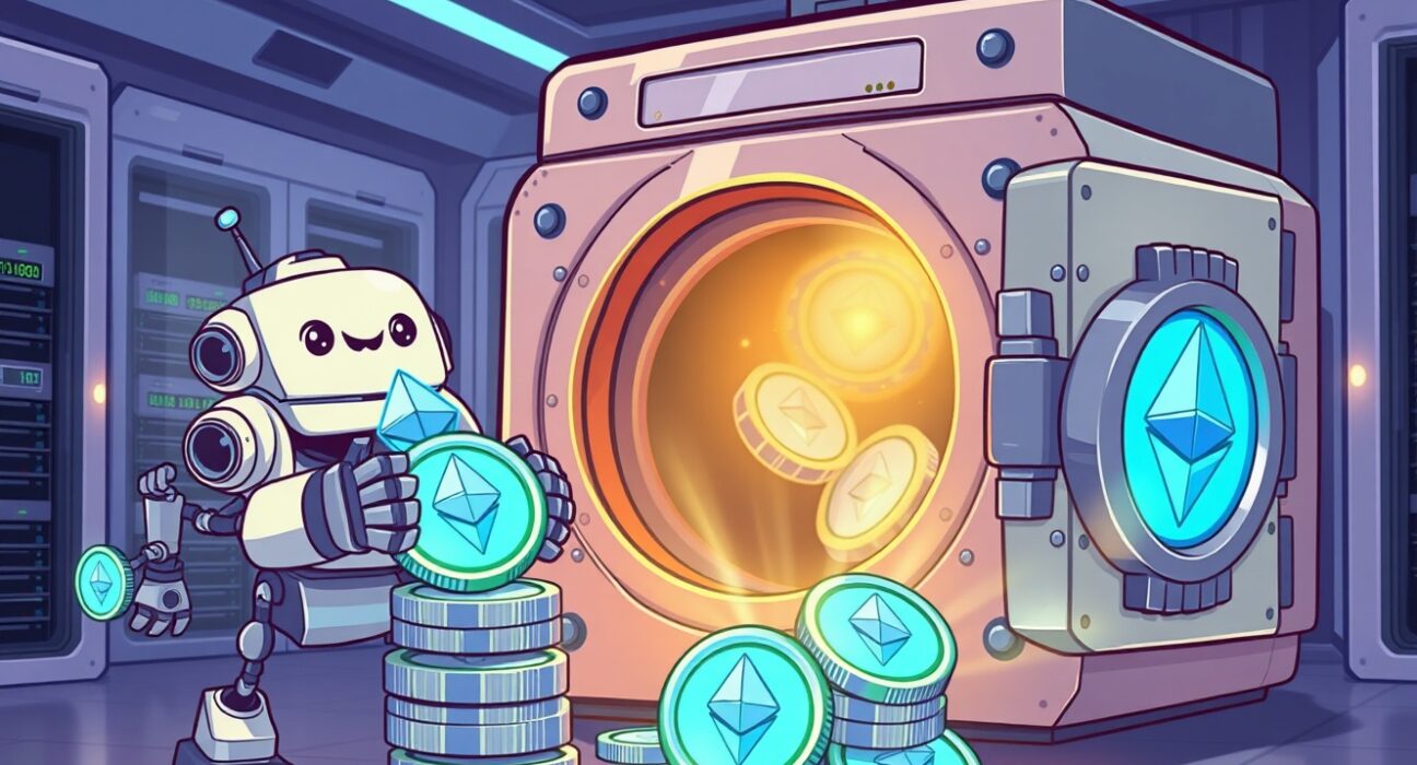 A cartoon robot stacking Ethereum coins, illustrating Bitmine purchased ETH for its massive digital vault.