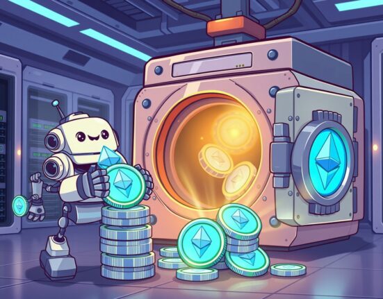 A cartoon robot stacking Ethereum coins, illustrating Bitmine purchased ETH for its massive digital vault.