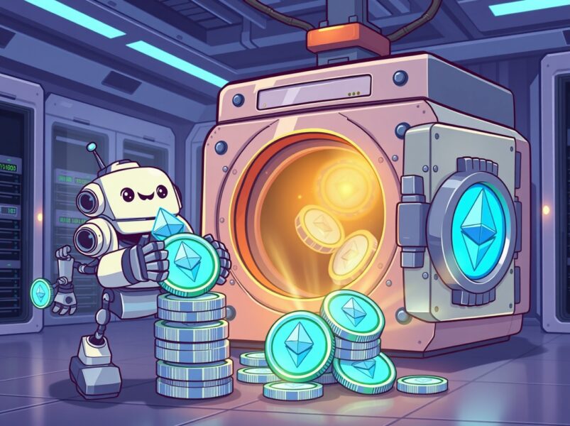 A cartoon robot stacking Ethereum coins, illustrating Bitmine purchased ETH for its massive digital vault.