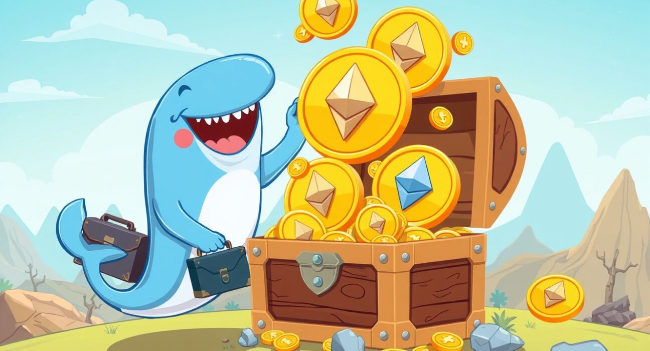 A cartoon whale symbolizing Bitmine's massive ETH purchase, adding to its giant crypto treasure chest.