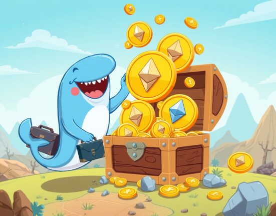 A cartoon whale symbolizing Bitmine's massive ETH purchase, adding to its giant crypto treasure chest.