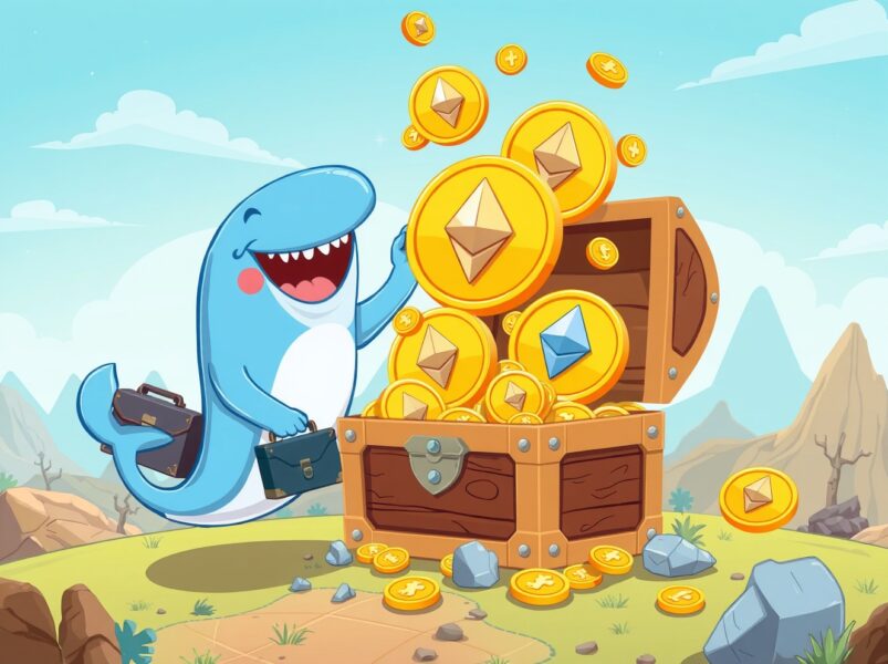 A cartoon whale symbolizing Bitmine's massive ETH purchase, adding to its giant crypto treasure chest.