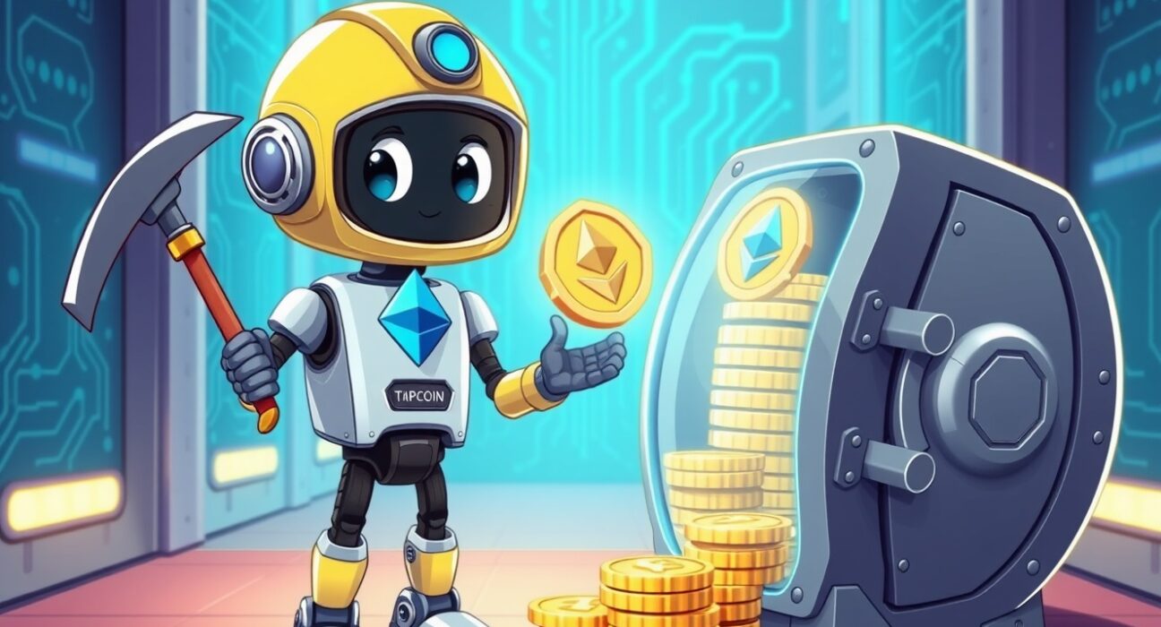 A cartoon robot confidently stacking Ethereum coins, representing Bitmine's major ETH purchase and institutional investment.