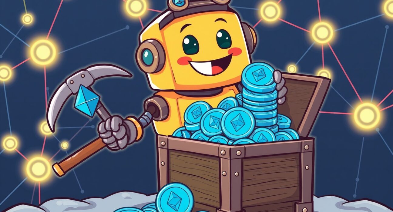 A cartoon robot making a strategic Bitmine purchases ETH investment, stacking Ethereum coins into a treasure chest.