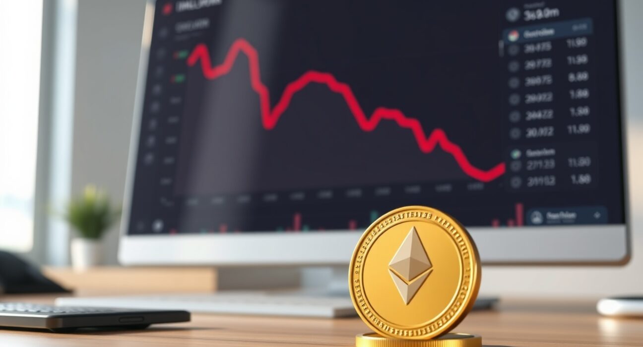 Bitmine's financial dashboard showing loss on Ethereum holdings with physical coins in focus.