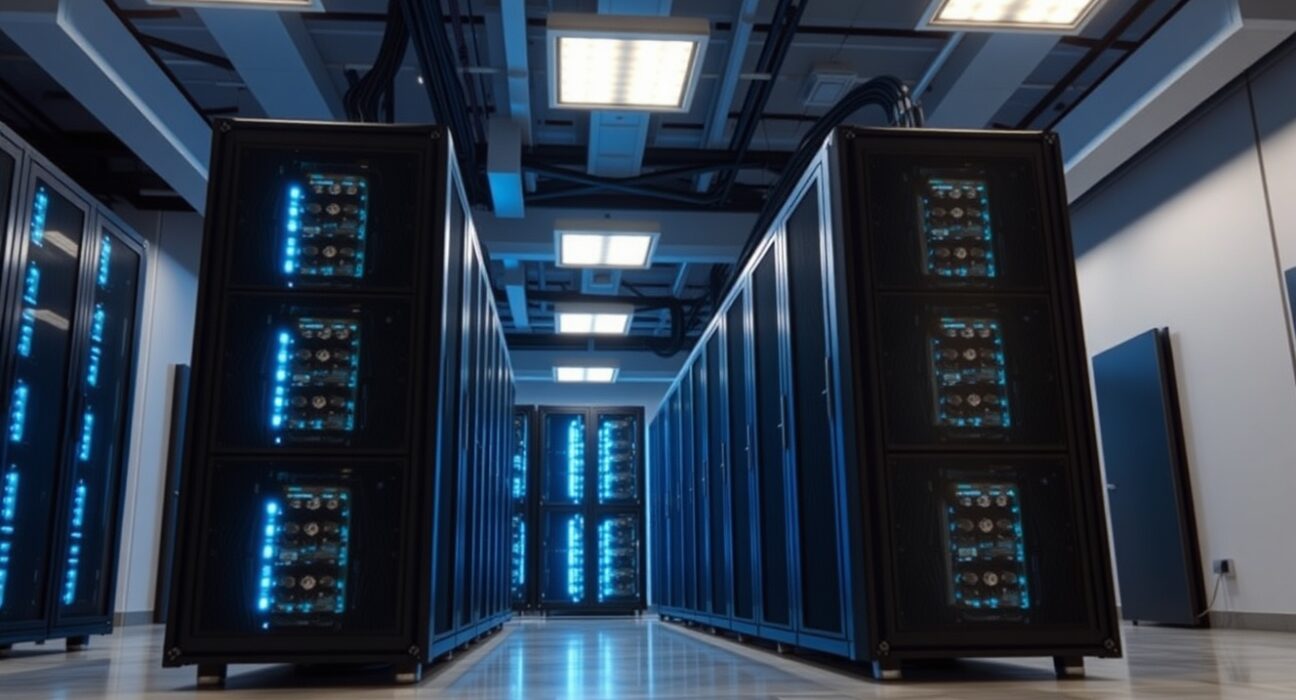 Interior view of a cryptocurrency mining facility with rows of mining rigs emitting blue light