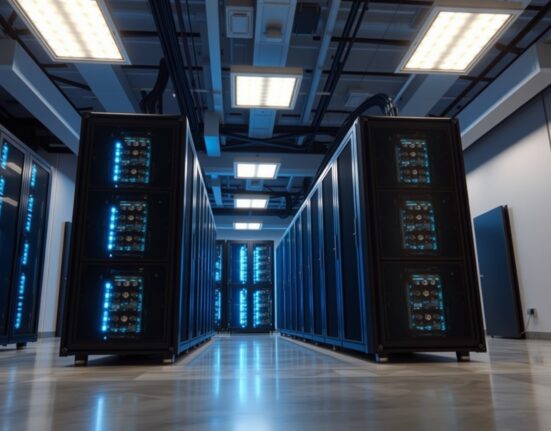 Interior view of a cryptocurrency mining facility with rows of mining rigs emitting blue light