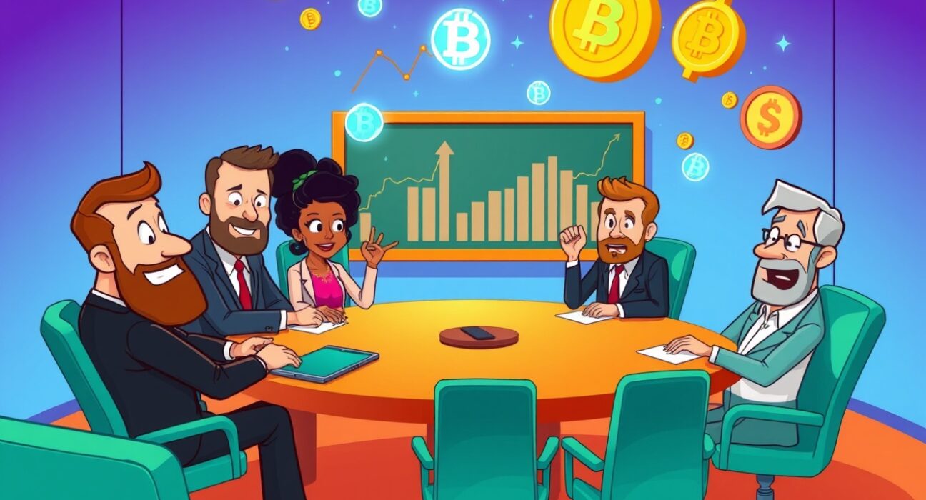 Cartoon illustration of Bitmine shareholder meeting discussing corporate governance and future plans