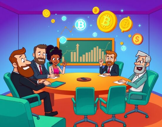 Cartoon illustration of Bitmine shareholder meeting discussing corporate governance and future plans