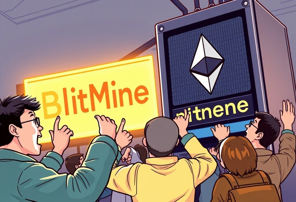Cartoon illustration showing South Korean investors eagerly investing in BitMine shares, highlighting the significant interest in this Bitcoin mining stock.