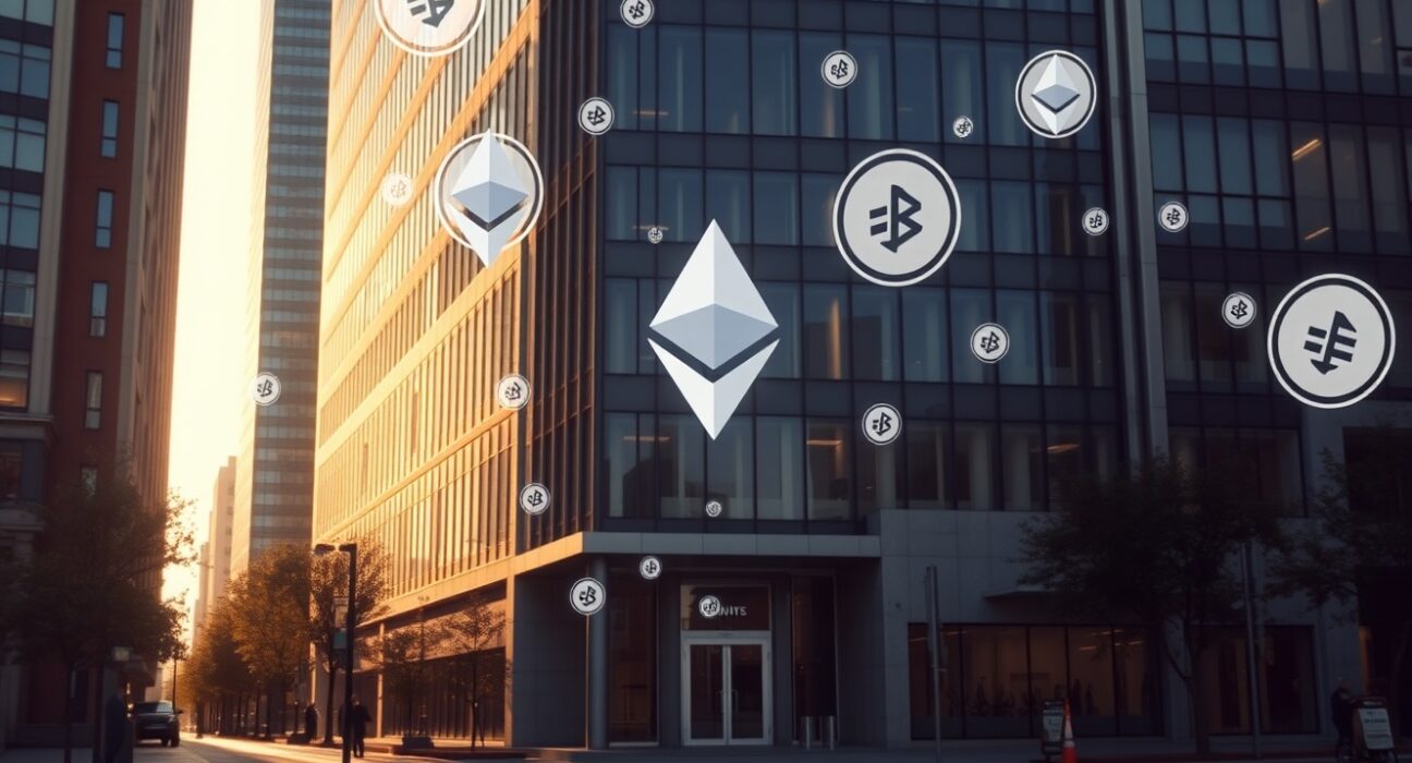 Corporate office building with Ethereum blockchain symbols representing Bitmine's institutional ETH accumulation strategy.