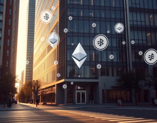 Corporate office building with Ethereum blockchain symbols representing Bitmine's institutional ETH accumulation strategy.