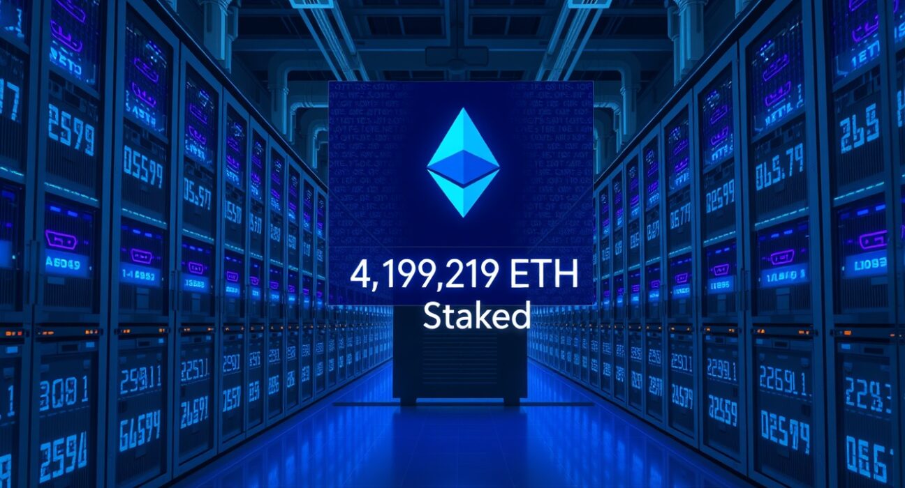 Bitmine data center showing Ethereum staking dashboard with 4,194,029 ETH staked, representing a major institutional cryptocurrency staking event.