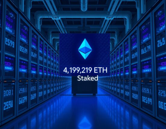 Bitmine data center showing Ethereum staking dashboard with 4,194,029 ETH staked, representing a major institutional cryptocurrency staking event.