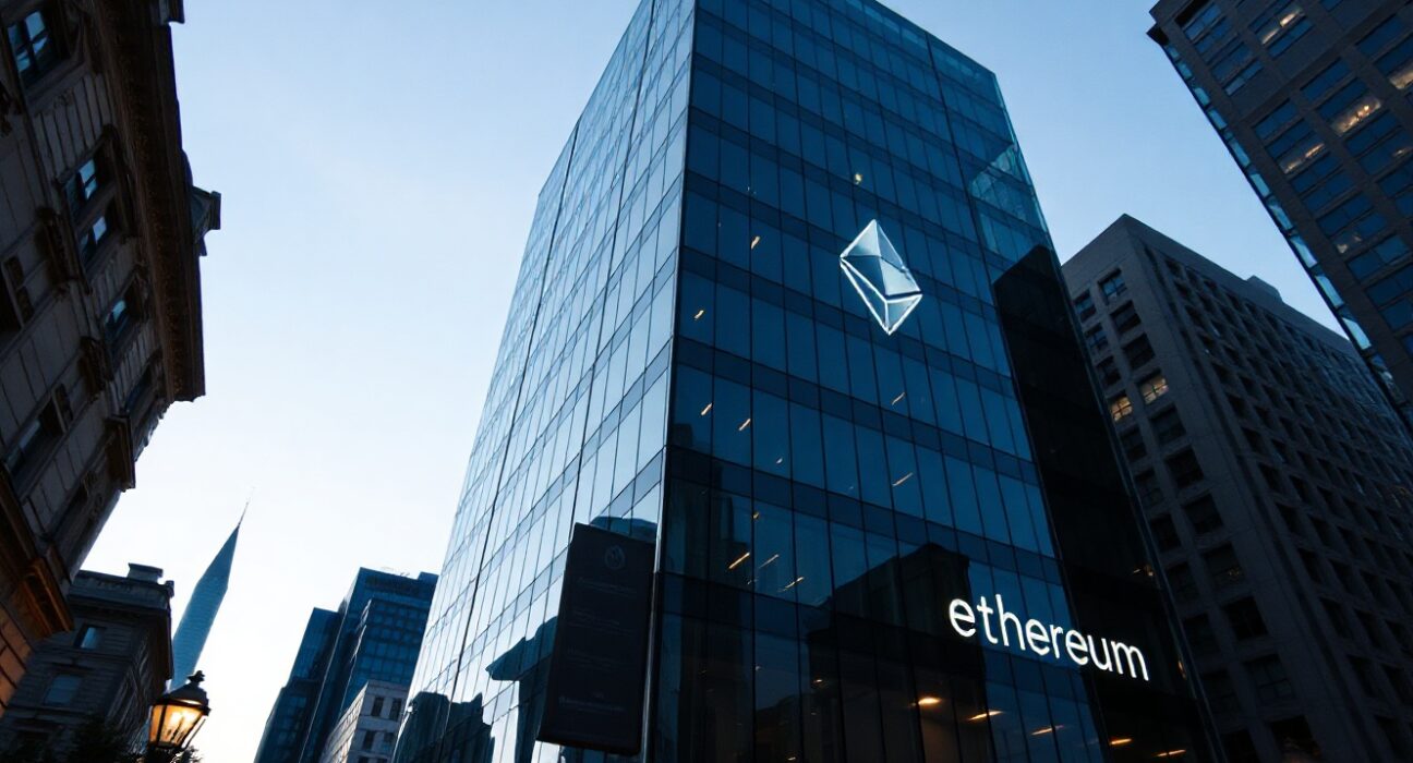 Corporate building with subtle Ethereum-themed digital accents at dusk, representing institutional staking.