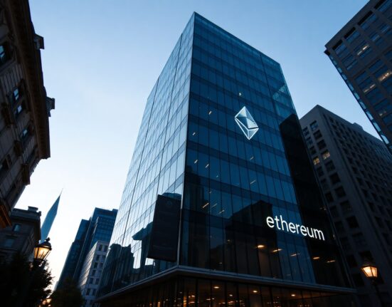Corporate building with subtle Ethereum-themed digital accents at dusk, representing institutional staking.