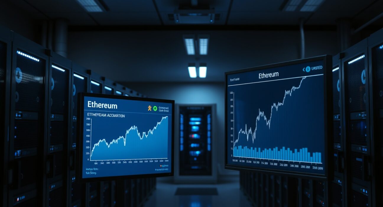 Server room with Ethereum mining rigs and price chart indicating large ETH accumulation
