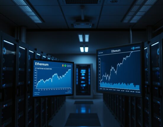 Server room with Ethereum mining rigs and price chart indicating large ETH accumulation