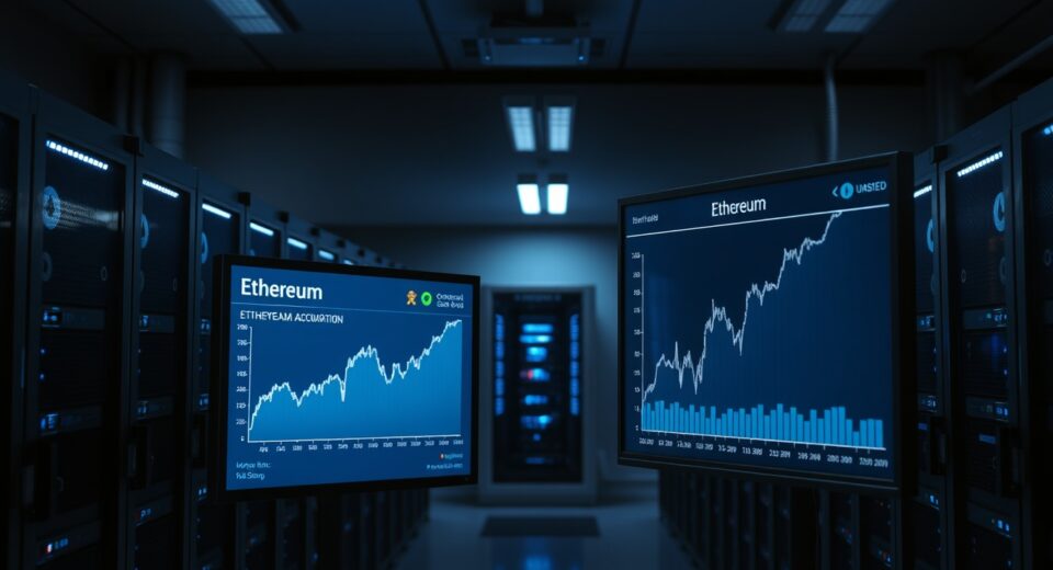Server room with Ethereum mining rigs and price chart indicating large ETH accumulation