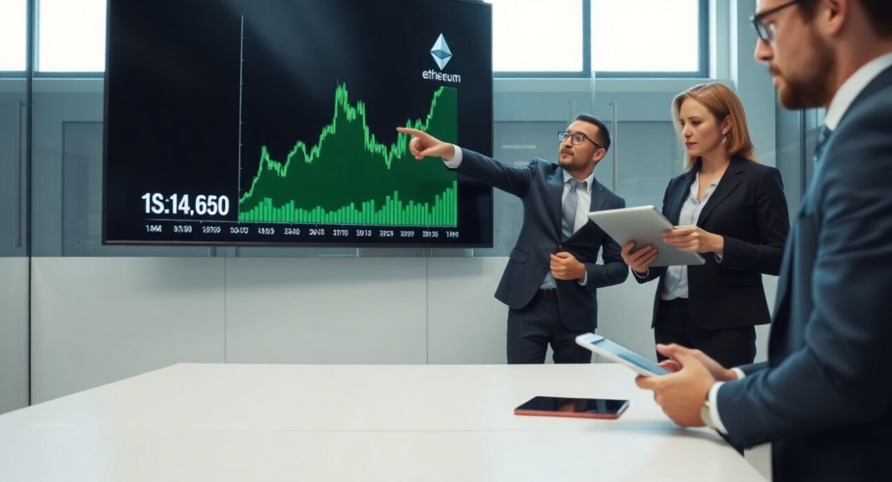 Financial analysts reviewing an Ethereum price chart on a digital screen in a modern office