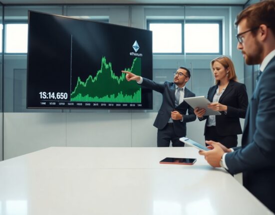Financial analysts reviewing an Ethereum price chart on a digital screen in a modern office