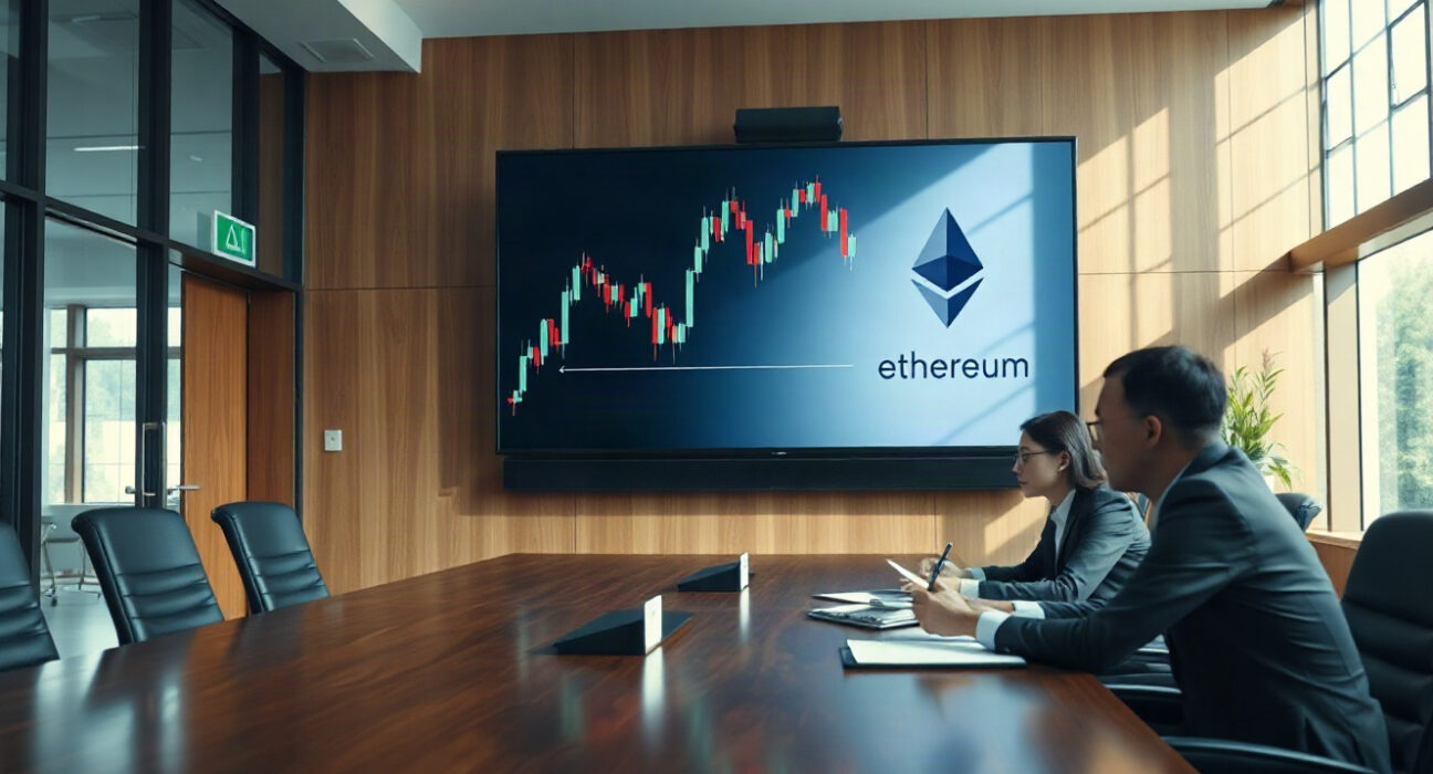 Tom Lee and executives reviewing Ethereum holdings on a digital display in a boardroom.