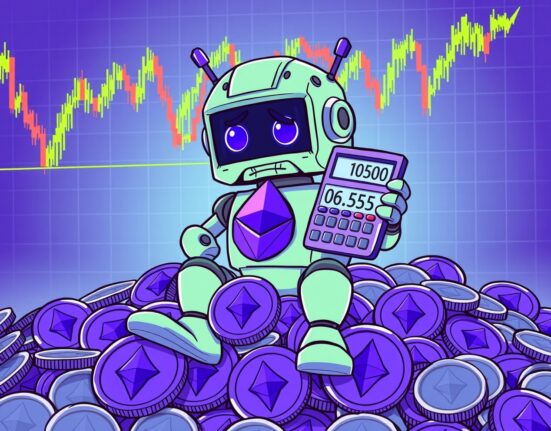 Cartoon of a distressed crypto mining company facing a massive unrealized loss on its Ethereum holdings.