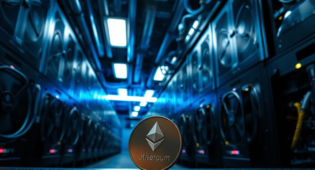 Interior of a cryptocurrency mining facility with servers and an Ethereum coin on a rack