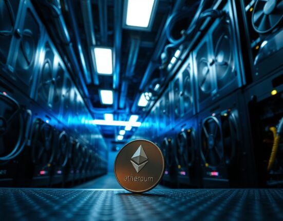 Interior of a cryptocurrency mining facility with servers and an Ethereum coin on a rack