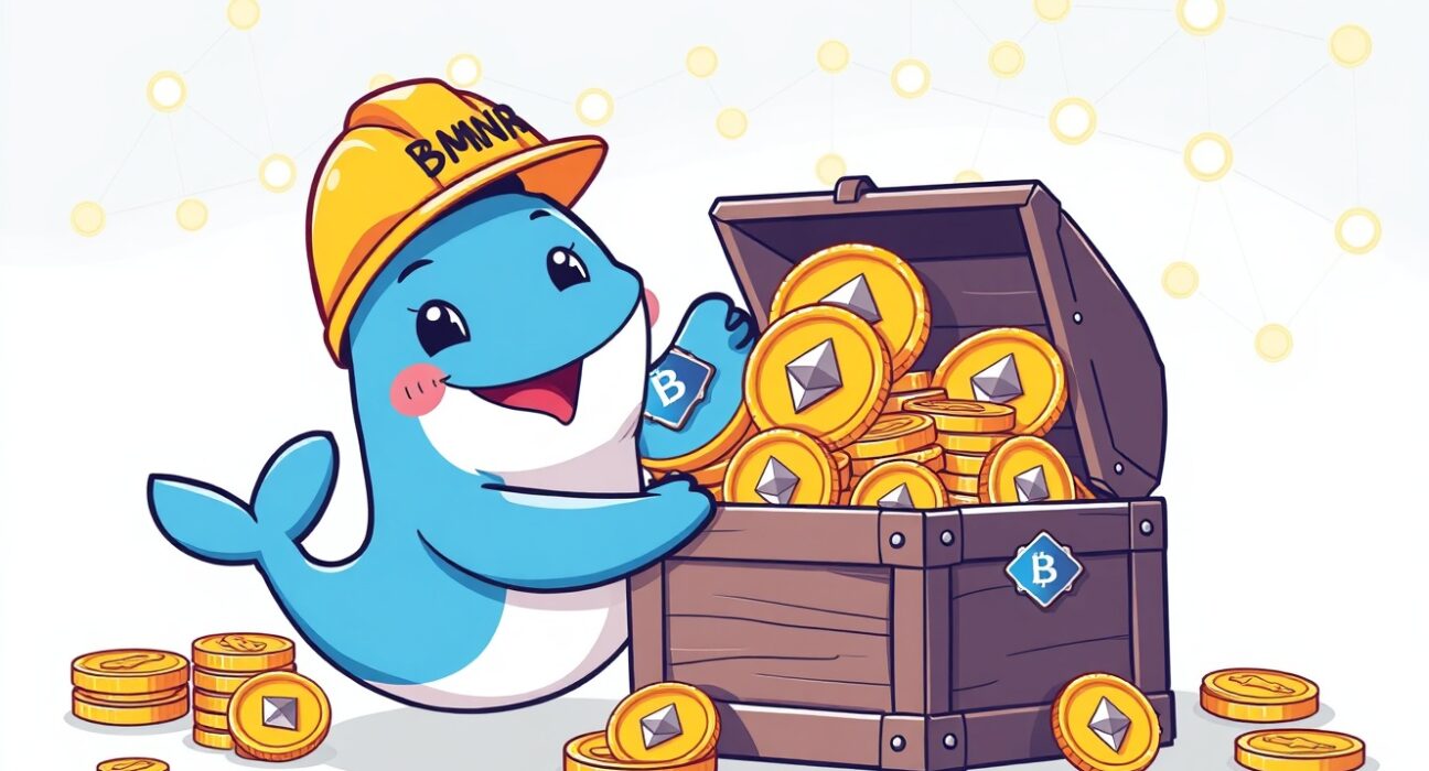 Cartoon illustration of a Bitmine wallet buying a massive stack of Ethereum coins, symbolizing major institutional investment.