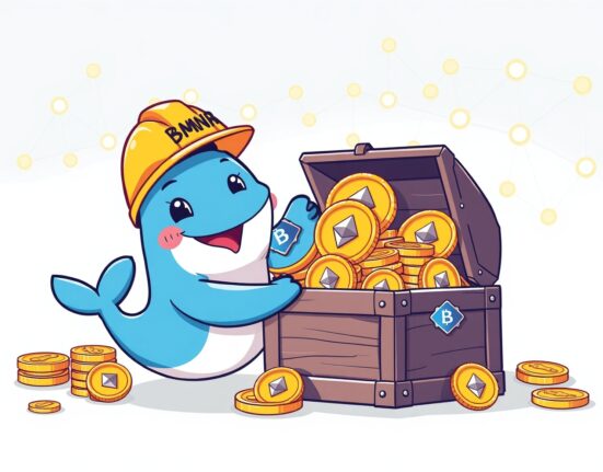 Cartoon illustration of a Bitmine wallet buying a massive stack of Ethereum coins, symbolizing major institutional investment.