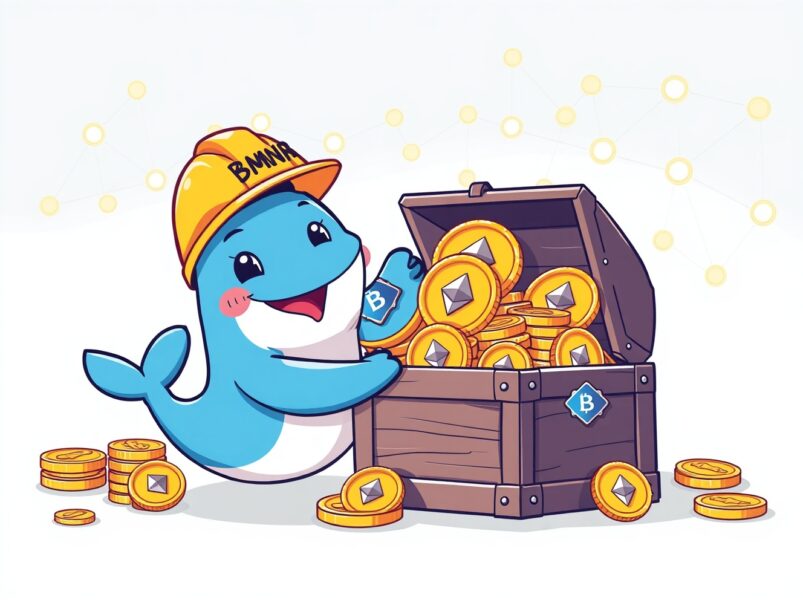 Cartoon illustration of a Bitmine wallet buying a massive stack of Ethereum coins, symbolizing major institutional investment.