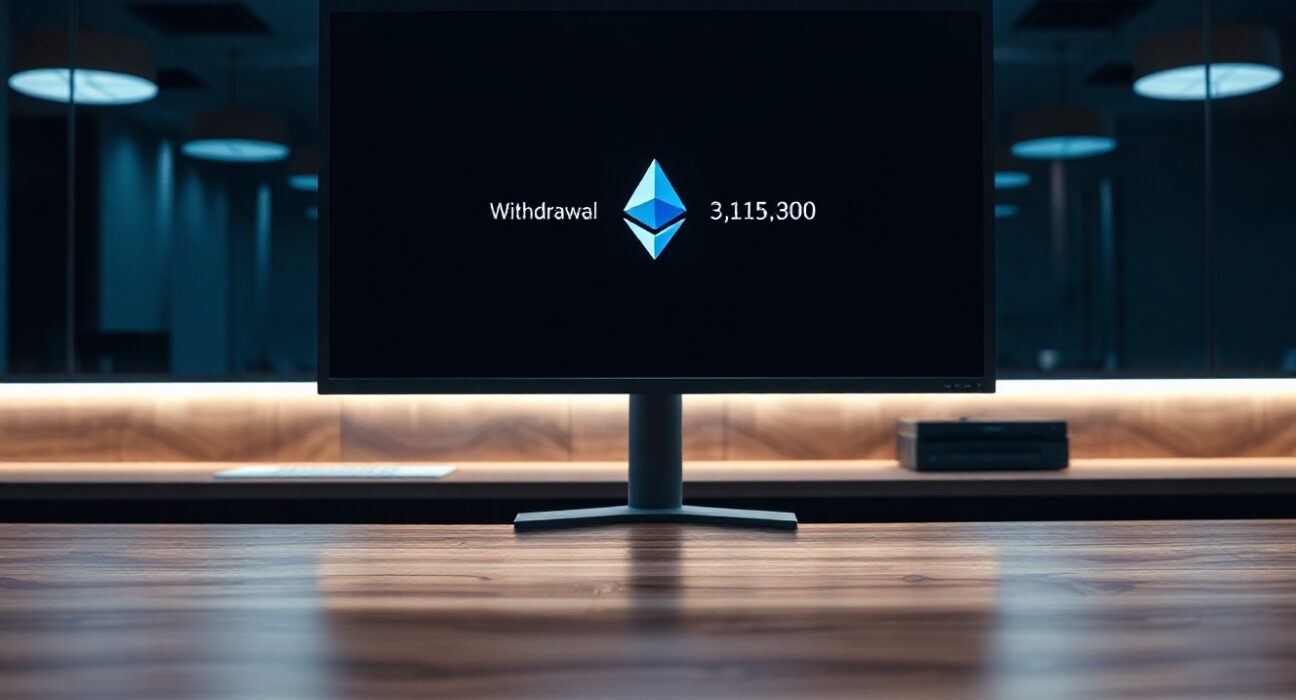 Ethereum withdrawal transaction on a computer screen in a dim trading office