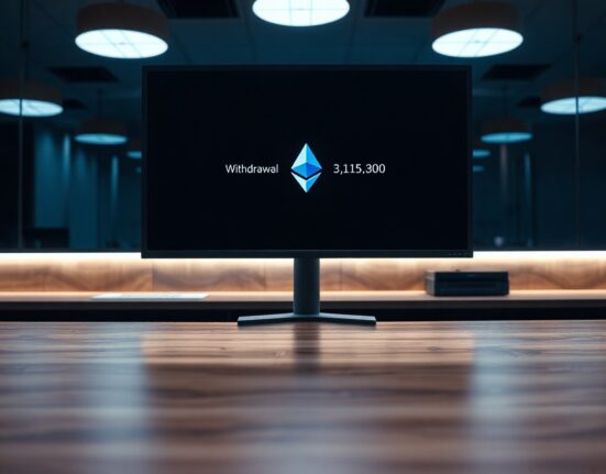 Ethereum withdrawal transaction on a computer screen in a dim trading office