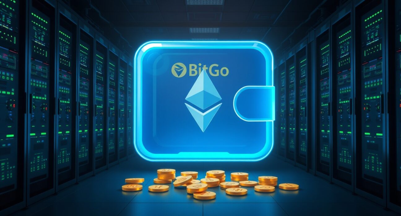A glowing digital wallet icon receiving Ethereum tokens from a BitGo source in a mining server room, representing a Bitmine-linked wallet receiving 25000 ETH.