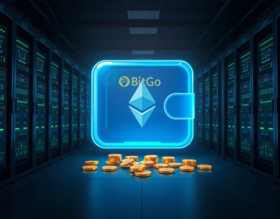 A glowing digital wallet icon receiving Ethereum tokens from a BitGo source in a mining server room, representing a Bitmine-linked wallet receiving 25000 ETH.